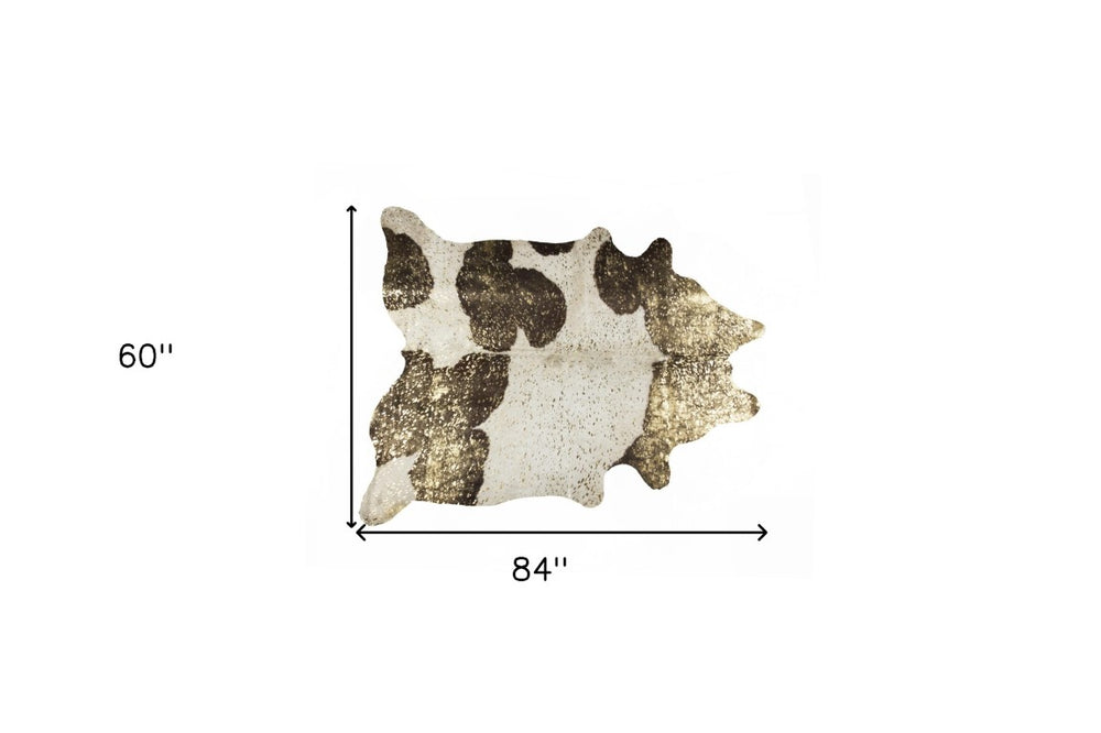 HomeRoots 5x7 Hand Knotted Genuine Cowhide Area Rug Rustic Ivory Brown Gold Low Pile 544350