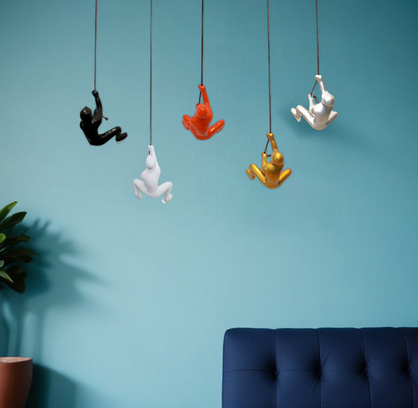 Homeroots Set Of Five Resin Climbing Man Wall Sculptures In Black, Gold, Orange, Silver & White – 3d Art Decor  Resin 544461