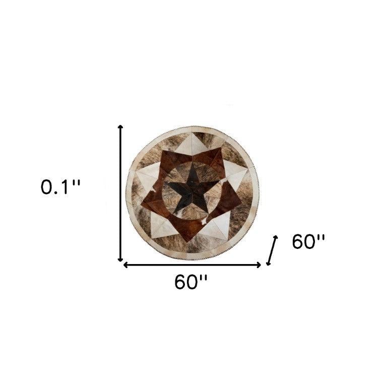 HomeRoots 5 Foot Genuine Cowhide Patchwork Round Area Rug Rustic Natural Hide Bedroom Accent 544487