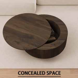 English Elm 29.53 Inch Round Mdf Coffee Table Sculptural Grooved Silhouette with Hidden Storage W2189P320663