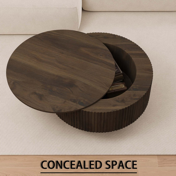 English Elm 29.53 Inch Round Mdf Coffee Table Sculptural Grooved Silhouette with Hidden Storage W2189P320663