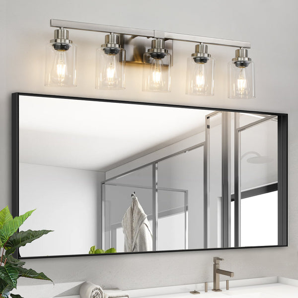 English Elm 31" Modern 5-Light Bathroom Vanity Fixture - Brushed Nickel With Glass Shades For Stylish Lighting W2312P374796