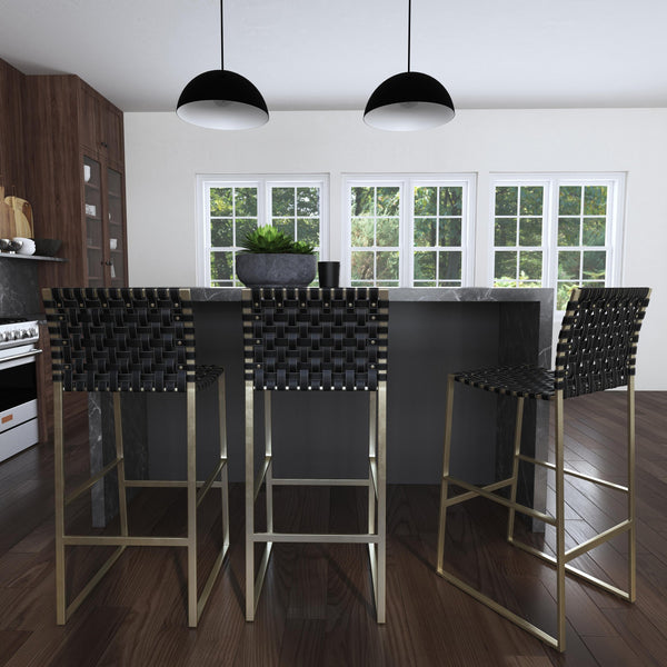 Butler Specialty Urban Rectangular Woven Leather Barstool With Back - Rustic Charm And Premium Iron Base Design Black Iron,Leather,Steel Nail Heads 5445034-butler