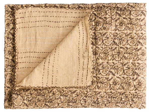 HomeRoots 50" Handcrafted Quilted Floral Throw Blanket - Beige & Black Cotton Design for Cozy Elegance 544505