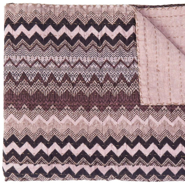 HomeRoots 50" Handmade Black and Pink Kantha Chevron Throw Blanket - Cozy, Stylish, Reversible Home Decor 544506