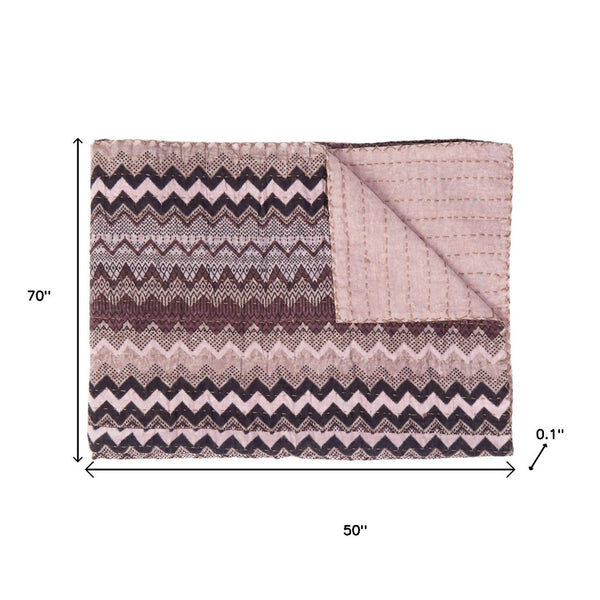 HomeRoots 50" Handmade Black and Pink Kantha Chevron Throw Blanket - Cozy, Stylish, Reversible Home Decor 544506