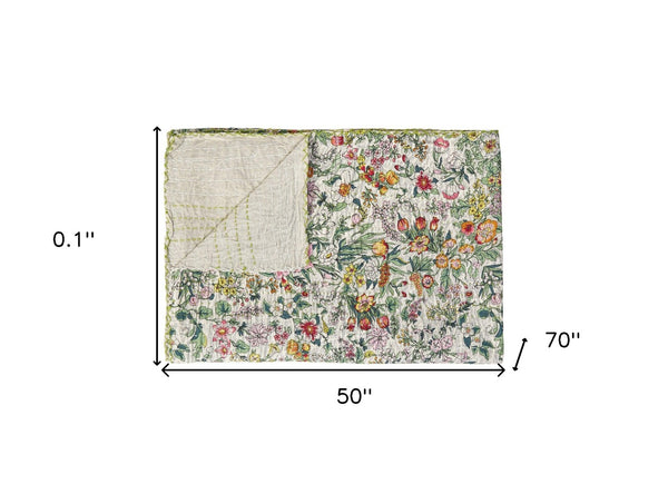 HomeRoots 50" Cotton Quilted Floral Throw Blanket - Cozy White, Green & Red Embroidery for Home Décor & Gifting 544508