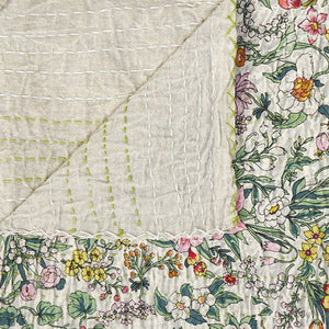 HomeRoots 50" Cotton Quilted Floral Throw Blanket - Cozy White, Green & Red Embroidery for Home Décor & Gifting 544508