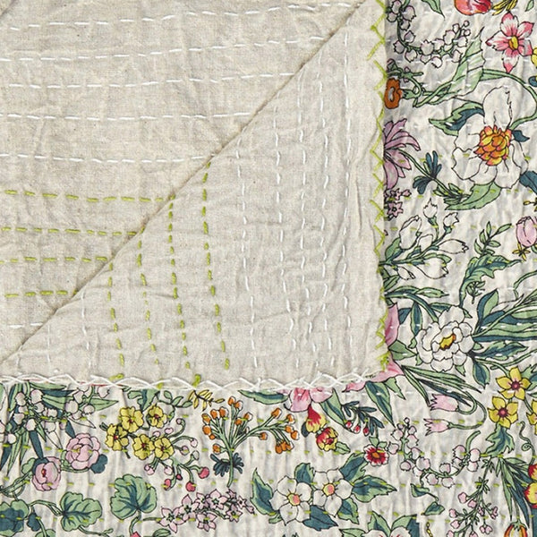 HomeRoots 50" Cotton Quilted Floral Throw Blanket - Cozy White, Green & Red Embroidery for Home Décor & Gifting 544508