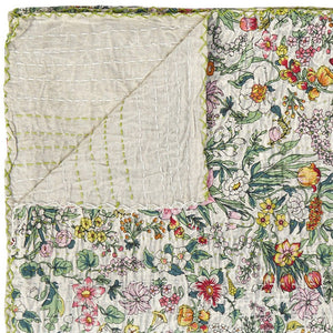 HomeRoots 50" Cotton Quilted Floral Throw Blanket - Cozy White, Green & Red Embroidery for Home Décor & Gifting 544508