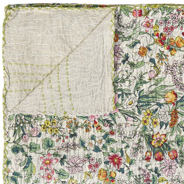 HomeRoots 50" Cotton Quilted Floral Throw Blanket - Cozy White, Green & Red Embroidery for Home Décor & Gifting 544508