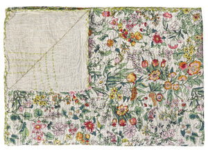 HomeRoots 50" Cotton Quilted Floral Throw Blanket - Cozy White, Green & Red Embroidery for Home Décor & Gifting 544508