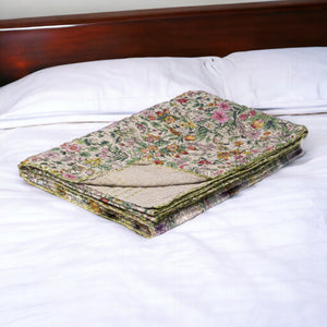HomeRoots 50" Cotton Quilted Floral Throw Blanket - Cozy White, Green & Red Embroidery for Home Décor & Gifting 544508