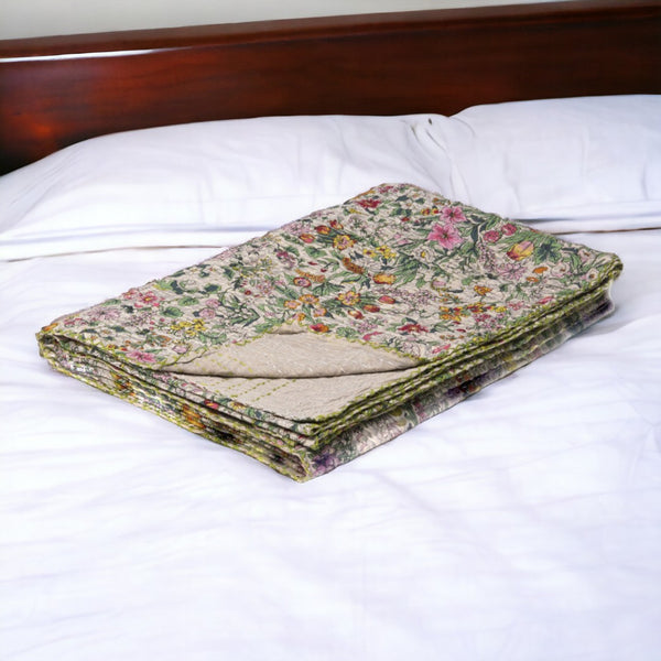 HomeRoots 50" Cotton Quilted Floral Throw Blanket - Cozy White, Green & Red Embroidery for Home Décor & Gifting 544508