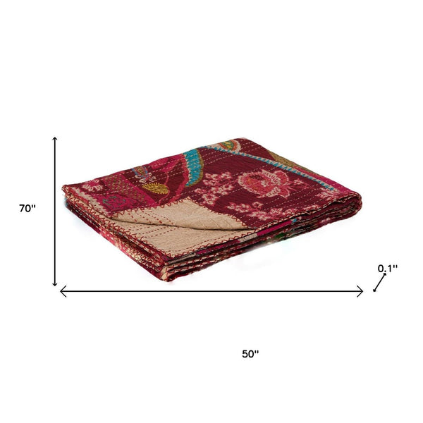 HomeRoots 50" Artisan Red Floral Quilted Kantha Throw Blanket - Cozy, Lightweight, Perfect for Any Space Cotton - 50"x70" 544510