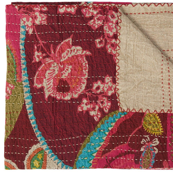 HomeRoots 50" Artisan Red Floral Quilted Kantha Throw Blanket - Cozy, Lightweight, Perfect for Any Space Cotton - 50"x70" 544510