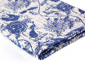 HomeRoots 50" Blue and White Floral Quilted Kantha Throw Blanket - Handmade, Lightweight, Cozy Comfort for All Seasons Cotton - 50"x70" 544512
