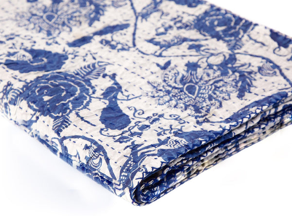 HomeRoots 50" Blue and White Floral Quilted Kantha Throw Blanket - Handmade, Lightweight, Cozy Comfort for All Seasons Cotton - 50"x70" 544512
