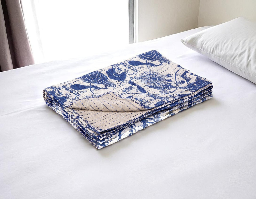 HomeRoots 50" Blue and White Floral Quilted Kantha Throw Blanket - Handmade, Lightweight, Cozy Comfort for All Seasons Cotton - 50"x70" 544512