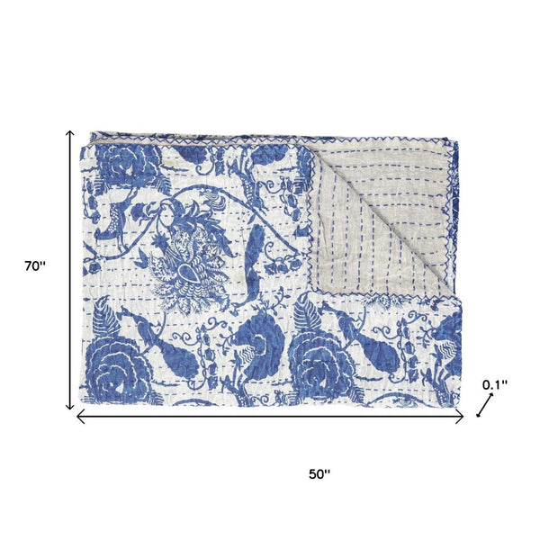 HomeRoots 50" Blue and White Floral Quilted Kantha Throw Blanket - Handmade, Lightweight, Cozy Comfort for All Seasons Cotton - 50"x70" 544512