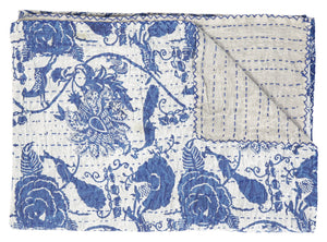 HomeRoots 50" Blue and White Floral Quilted Kantha Throw Blanket - Handmade, Lightweight, Cozy Comfort for All Seasons Cotton - 50"x70" 544512