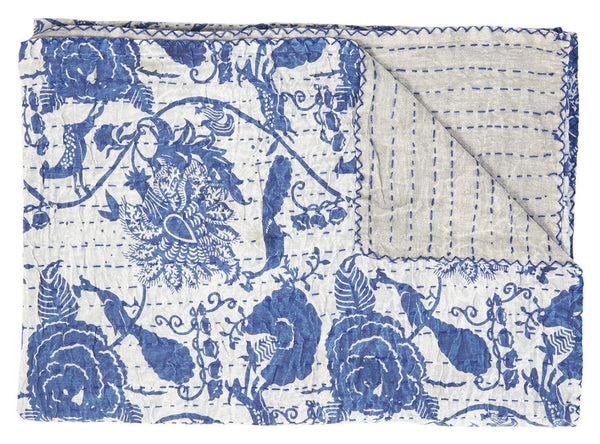 HomeRoots 50" Blue and White Floral Quilted Kantha Throw Blanket - Handmade, Lightweight, Cozy Comfort for All Seasons Cotton - 50"x70" 544512