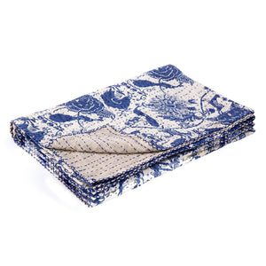 HomeRoots 50" Blue and White Floral Quilted Kantha Throw Blanket - Handmade, Lightweight, Cozy Comfort for All Seasons Cotton - 50"x70" 544512