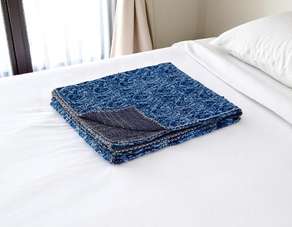 HomeRoots 50" Blue Paisley Kantha Throw Blanket - Artisan Quilted, Lightweight, Cozy Decor for Home Styling Cotton - 50"x70" 544514