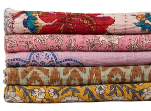 HomeRoots 50" Cotton Quilted Floral Throw Blanket – Handcrafted Orange, Green & Pink Embroidery for Cozy Style 544515