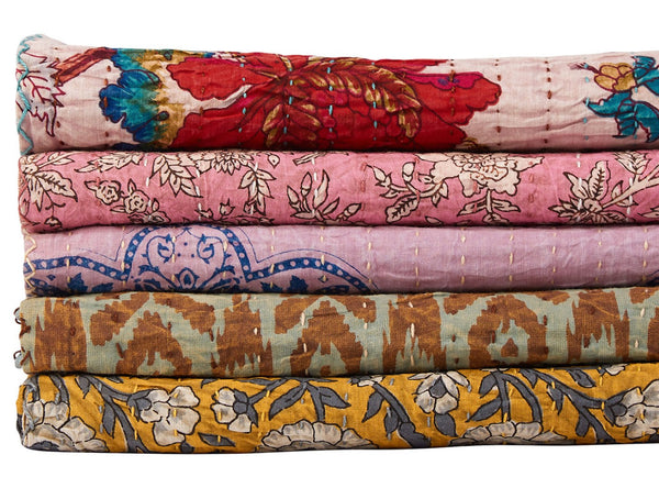 HomeRoots 50" Cotton Quilted Floral Throw Blanket – Handcrafted Orange, Green & Pink Embroidery for Cozy Style 544515