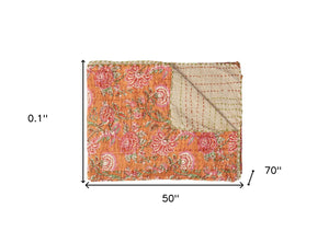 HomeRoots 50" Cotton Quilted Floral Throw Blanket – Handcrafted Orange, Green & Pink Embroidery for Cozy Style 544515