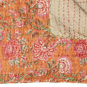 HomeRoots 50" Cotton Quilted Floral Throw Blanket – Handcrafted Orange, Green & Pink Embroidery for Cozy Style 544515