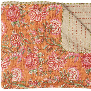 HomeRoots 50" Cotton Quilted Floral Throw Blanket – Handcrafted Orange, Green & Pink Embroidery for Cozy Style 544515
