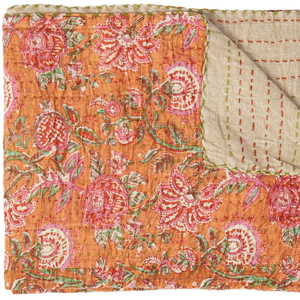 HomeRoots 50" Cotton Quilted Floral Throw Blanket – Handcrafted Orange, Green & Pink Embroidery for Cozy Style 544515