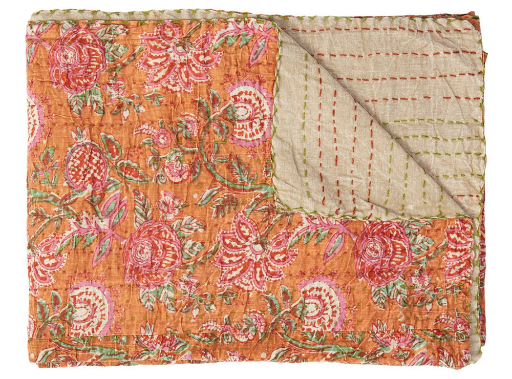 HomeRoots 50" Cotton Quilted Floral Throw Blanket – Handcrafted Orange, Green & Pink Embroidery for Cozy Style 544515