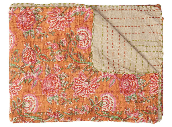 HomeRoots 50" Cotton Quilted Floral Throw Blanket – Handcrafted Orange, Green & Pink Embroidery for Cozy Style 544515