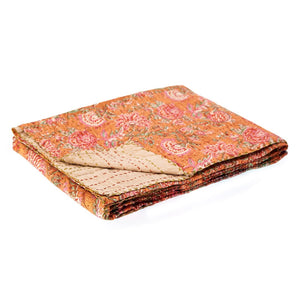 HomeRoots 50" Cotton Quilted Floral Throw Blanket – Handcrafted Orange, Green & Pink Embroidery for Cozy Style 544515
