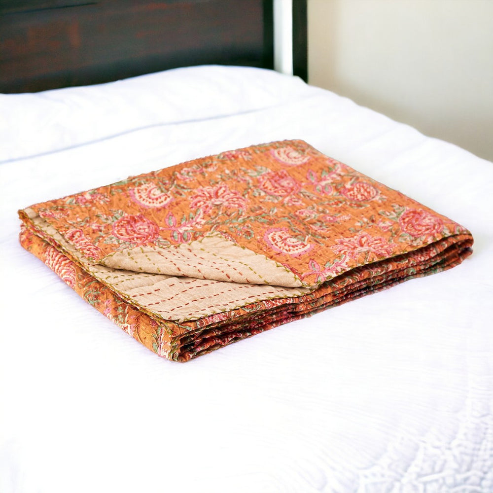 HomeRoots 50" Cotton Quilted Floral Throw Blanket – Handcrafted Orange, Green & Pink Embroidery for Cozy Style 544515