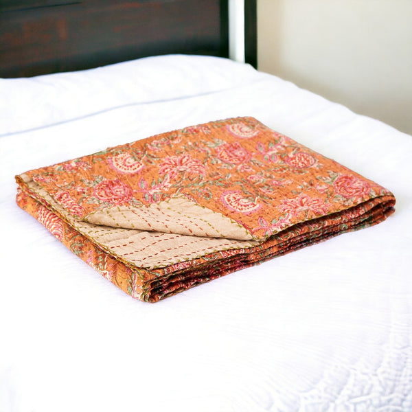 HomeRoots 50" Cotton Quilted Floral Throw Blanket – Handcrafted Orange, Green & Pink Embroidery for Cozy Style 544515