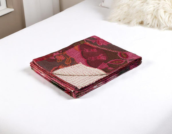 HomeRoots 50" X 70" Elegant Pink and Red Floral Cotton Kantha Throw Blanket - Cozy, Embroidered Luxury Gift 544517