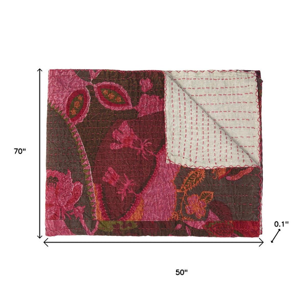 HomeRoots 50" X 70" Elegant Pink and Red Floral Cotton Kantha Throw Blanket - Cozy, Embroidered Luxury Gift 544517