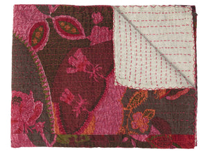 HomeRoots 50" X 70" Elegant Pink and Red Floral Cotton Kantha Throw Blanket - Cozy, Embroidered Luxury Gift 544517