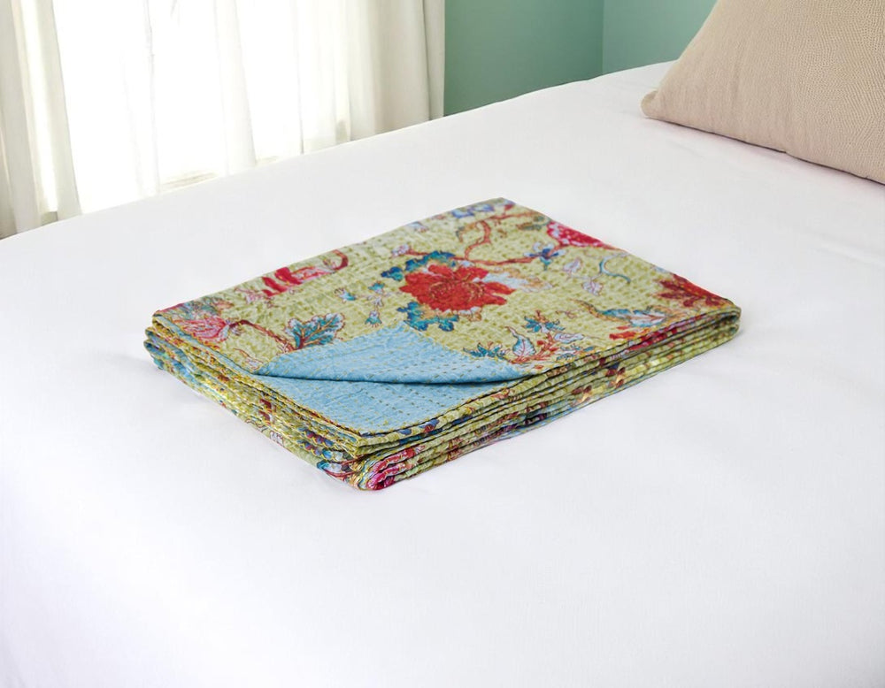 HomeRoots 50" Kantha Throw Blanket – Vibrant Green & Red Floral Cotton Quilt for Cozy Comfort & Style 544518
