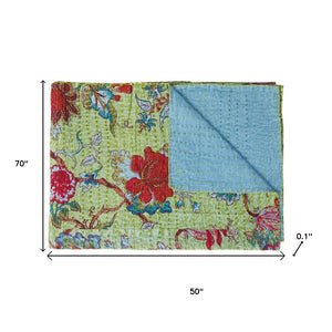HomeRoots 50" Kantha Throw Blanket – Vibrant Green & Red Floral Cotton Quilt for Cozy Comfort & Style 544518