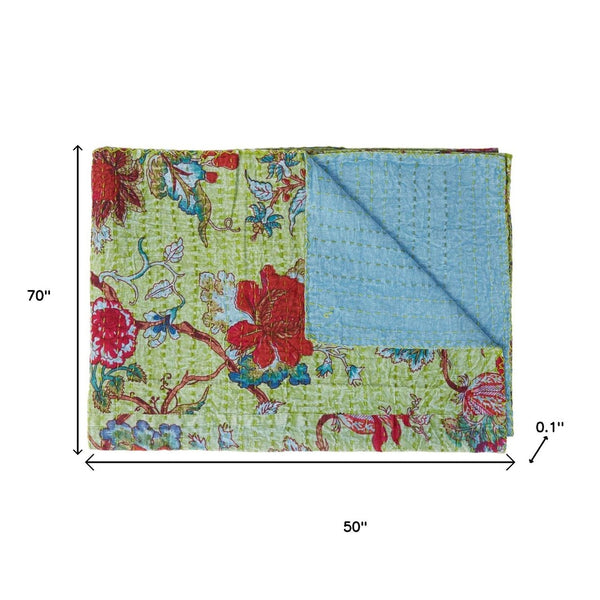 HomeRoots 50" Kantha Throw Blanket – Vibrant Green & Red Floral Cotton Quilt for Cozy Comfort & Style 544518