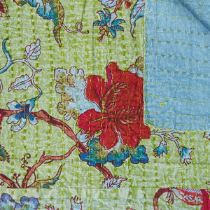HomeRoots 50" Kantha Throw Blanket – Vibrant Green & Red Floral Cotton Quilt for Cozy Comfort & Style 544518