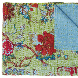 HomeRoots 50" Kantha Throw Blanket – Vibrant Green & Red Floral Cotton Quilt for Cozy Comfort & Style 544518