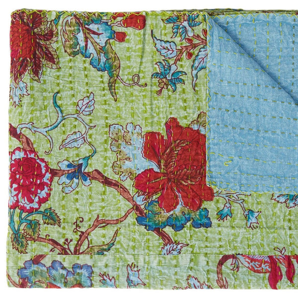 HomeRoots 50" Kantha Throw Blanket – Vibrant Green & Red Floral Cotton Quilt for Cozy Comfort & Style 544518