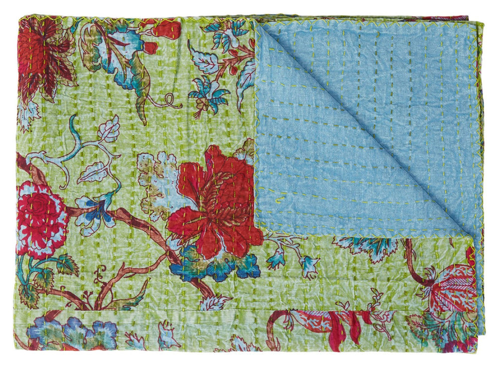 HomeRoots 50" Kantha Throw Blanket – Vibrant Green & Red Floral Cotton Quilt for Cozy Comfort & Style 544518