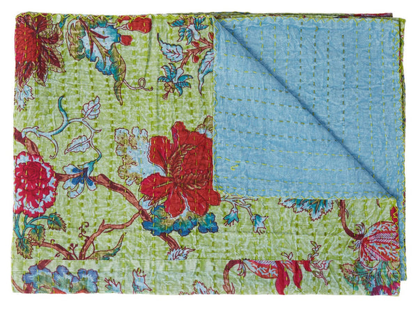 HomeRoots 50" Kantha Throw Blanket – Vibrant Green & Red Floral Cotton Quilt for Cozy Comfort & Style 544518